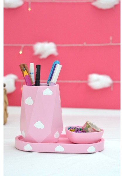 Luxury Bulutlu Pembe Organizer Set (3 Parça)(Kalemlik, Oval Tepsi ve Mini Kalp Tabak) | Banyo Organizeri 1 Adet