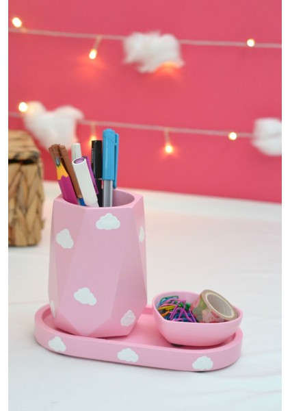 Luxury Bulutlu Pembe Organizer Set (3 Parça)(Kalemlik, Oval Tepsi ve Mini Kalp Tabak) | Banyo Organizeri 1 Adet