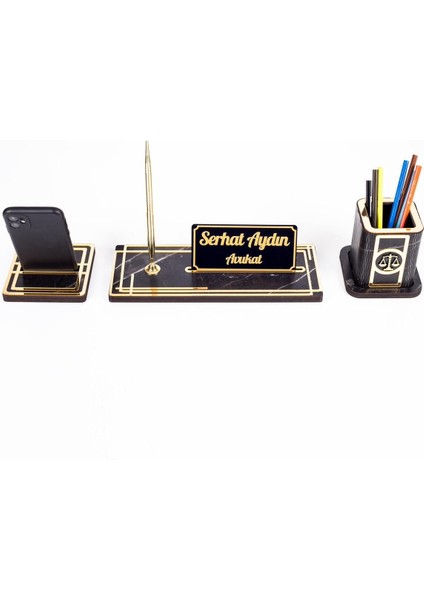 Luxury Space Avukatlara Özel Kalemlikli Ahşap Masa Seti Mermer Desenli Hediye Ofis Dekoratif Masa Üstü Isim 1 Adet