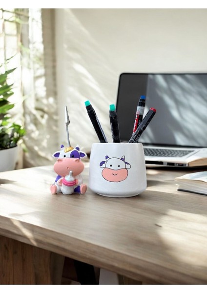 Luxury Set Mor Kawaii Sevimli Inek Fotoğraf Tutucu Not Tutacak Kalemlik Ofis Seti Hediyelik 1 Adet