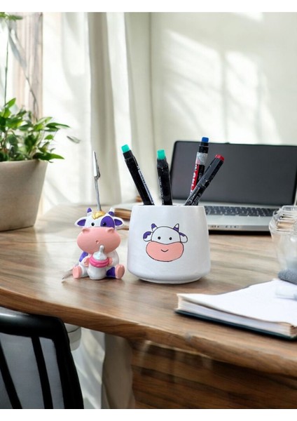 Luxury Set Mor Kawaii Sevimli Inek Fotoğraf Tutucu Not Tutacak Kalemlik Ofis Seti Hediyelik 1 Adet