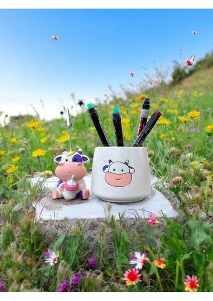 Luxury Set Mor Kawaii Sevimli Inek Fotoğraf Tutucu Not Tutacak Kalemlik Ofis Seti Hediyelik 1 Adet