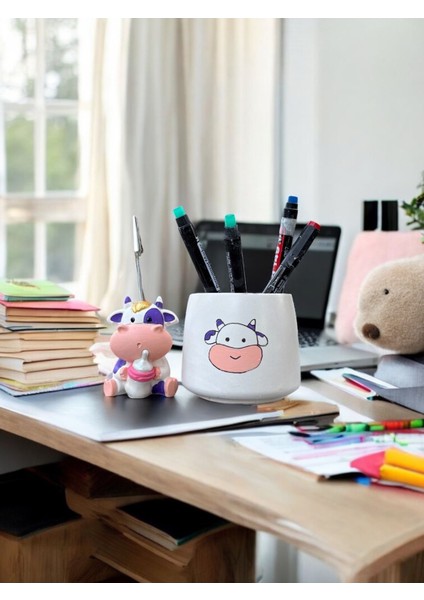 Luxury Set Mor Kawaii Sevimli Inek Fotoğraf Tutucu Not Tutacak Kalemlik Ofis Seti Hediyelik 1 Adet