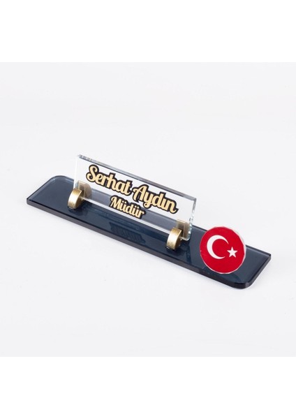 Luxury Türk Bayrağı Logolu Maydos Masa Isimliği Kristal Ofis Masaüstü Kabartma Isimlik 1 Adet