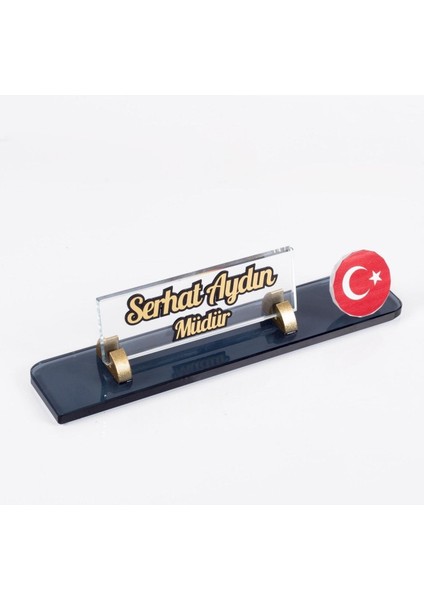 Luxury Türk Bayrağı Logolu Maydos Masa Isimliği Kristal Ofis Masaüstü Kabartma Isimlik 1 Adet