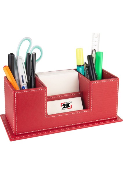 Luxury Masaüstü Deri Organizer Kalemlik 4 Gözlü Desktop Organizer Rainbow Vegan 10X12X25 Cm. Kırmızı 1 Adet