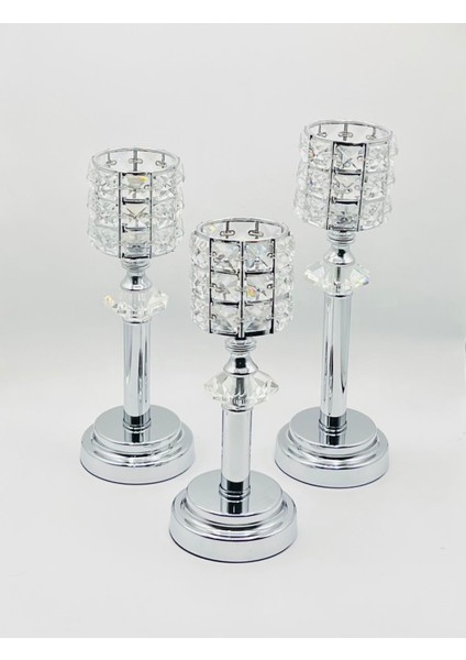 Luxury Dekoratif Kristal Taşlı 3 Lü Şamdanlık Mumluk 3'lü Set Gümüş 1 Adet