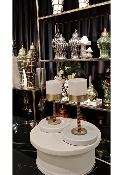 Luxury Quarry Beyaz Mermer 2'li Set Şamdan - Bronz Metal Detaylı 1 Adet