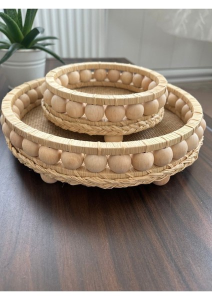 Luxury Ahşap Boncuklu Doğal Rafya Hasır Dekoratif Tepsi ve Mumluk Set 22 cm ve 12 cm 1 Adet