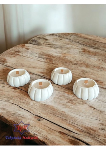 Luxury Dekoratif 4'lü Beton Mini Bal Kabağı Görünümlü Mumluk Ahşap Fitilli 5X4CM 1 Adet