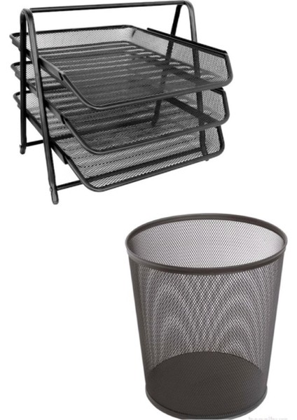 Luxury Set 2 Parça-Metal Evrak Rafı 3'lü Siyah-Çöp Kovası Metal Siyah 10 Litre Perfore 1 Adet