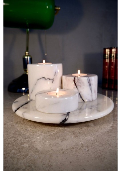 Luxury Leylak Mermer Sunumluk ve 3'lü Set Leylak Mermer Mumluk Set 1 Adet