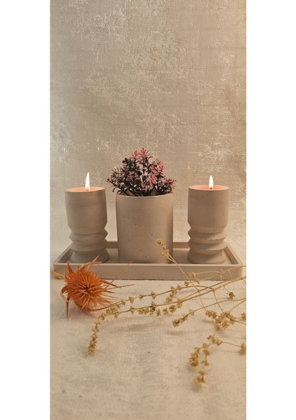 Luxury Laurel-Wood Beton 4 Parça Tealight Mumluk-Vazo-Dekoratif Sunum Tabağı Seti 1 Adet