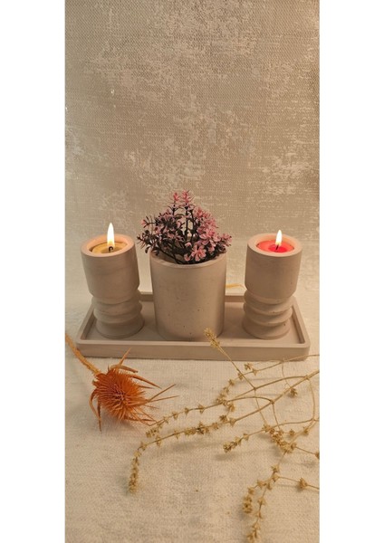 Luxury Laurel-Wood Beton 4 Parça Tealight Mumluk-Vazo-Dekoratif Sunum Tabağı Seti 1 Adet