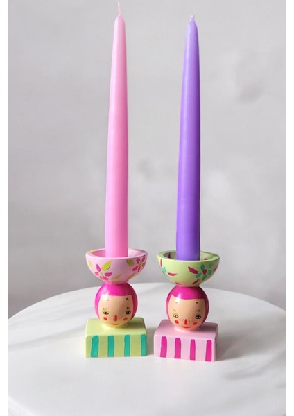 Luxury Dekoratif Mumluk Şamdan | Mathilda | Pembe Saçlı | 2'li Set | El Yapımı | Çok Renkli 1 Adet