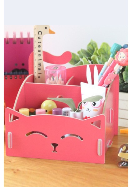 Luxury Pembe Kedi Desenli Ahşap Kalemlik Organizer Masaüstü Düzenleyici 1 Adet