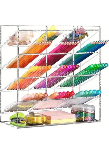 Luxury Yuvalı Şeffaf Akrilik Kalem ve Marker Organizer - Masaüstü Düzenleyici, Ofis ve Sanat Malzemeleri 1 Adet