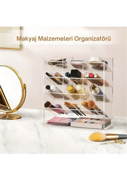 Luxury Yuvalı Şeffaf Akrilik Kalem ve Marker Organizer - Masaüstü Düzenleyici, Ofis ve Sanat Malzemeleri 1 Adet