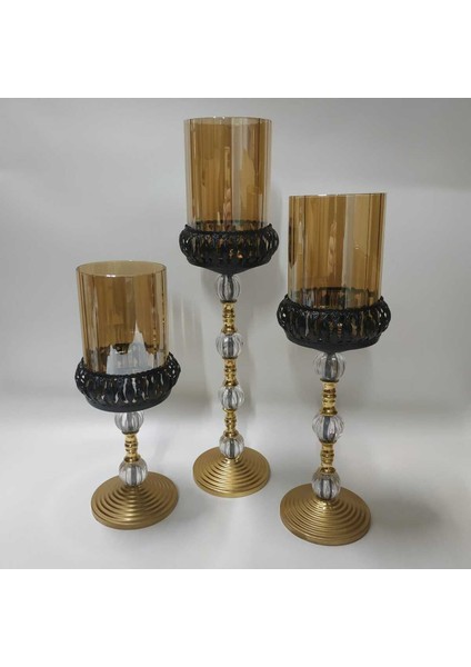 Luxury Gold Kaplama -Siyah-Salon Şamdan-Mumluk 3 Lü Set 1 Adet