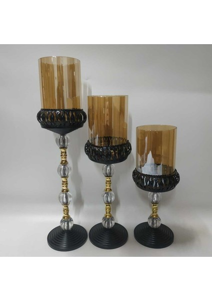 Luxury Gold Kaplama -Siyah-Salon Şamdan-Mumluk 3 Lü Set 1 Adet