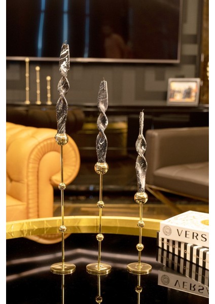 Luxury Pirinç El Yapımı Uzun Toplu Şamdan Dubai Üçlü Set 1 Adet