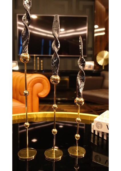 Luxury Pirinç El Yapımı Uzun Toplu Şamdan Dubai Üçlü Set 1 Adet