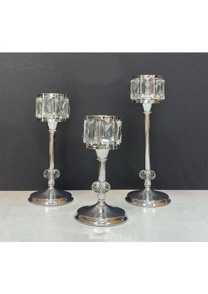 Luxury 3 Lü Kristal Taşlı Şamdan & Mumluk 1 Adet
