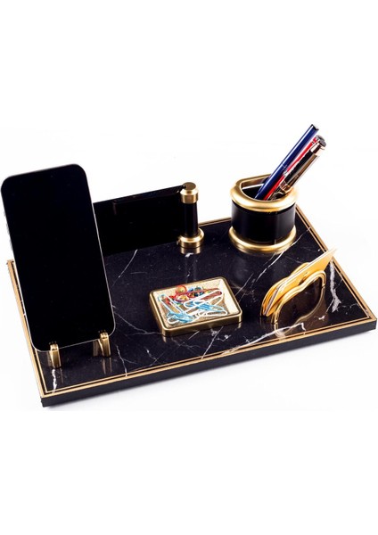 Luxury Opus Mermer Desenli Ahşap Gold Renk Masa Isimliği Ofis Masaüstü Isimlik Seti Ofis Hediye Yeni Iş 1 Adet
