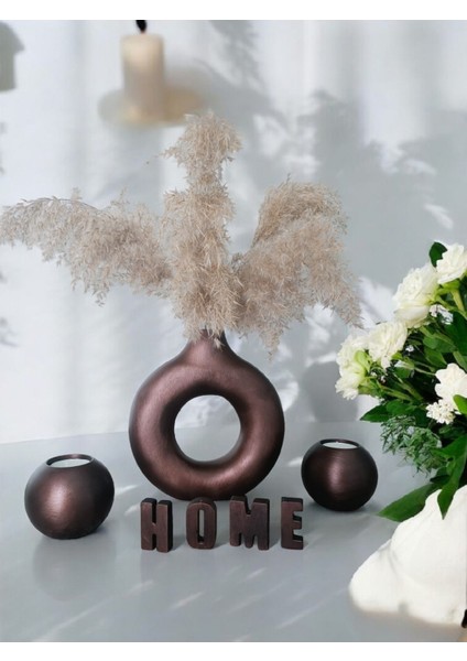 Luxury Home Büyük Vazo Metalik Kahverengi Mumluk Set 1 Adet