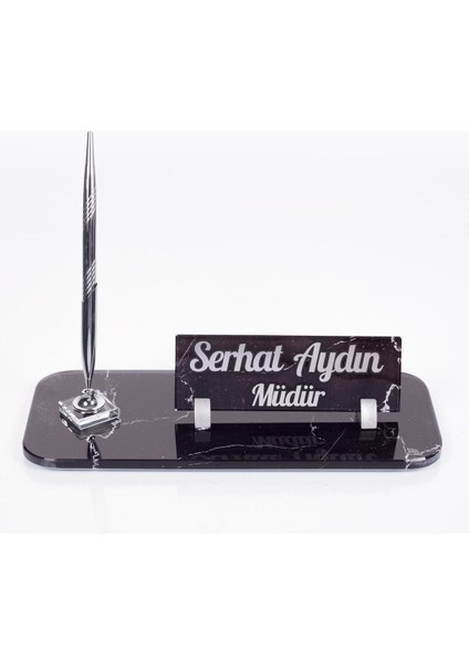 Luxury Mermer Desenli Kristal Masa Isimliği Ofis Isimlik Gümüş Kalemli Ofis Masa Üstü Cam Isimlik 1 Adet
