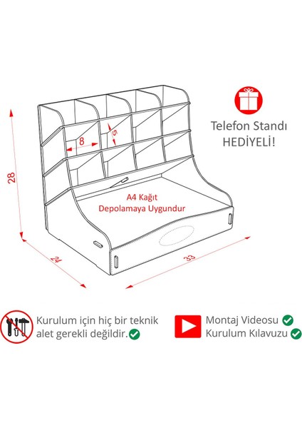 Luxury Chamber 12 Gözlü Büyük Boy Masaüstü Kalemlik Düzenleyici, Masaüstü Organizer Çekmeceli A4 Evrak Rafı 1 Adet