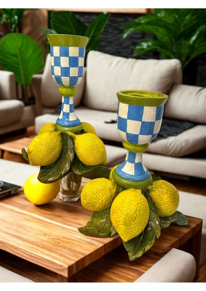 Luxury Limonlu Şamdan Polyester Dekoratif Obje | Renkli Masa Üstü Şamdan Süs Eşyası 1 Adet
