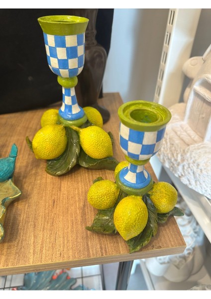 Luxury Limonlu Şamdan Polyester Dekoratif Obje | Renkli Masa Üstü Şamdan Süs Eşyası 1 Adet