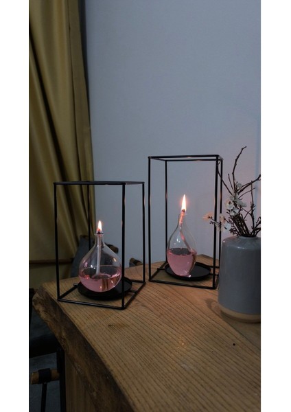 Luxury Siyah Masaüstü Dekoratif 2'li Set Ferforje Kafes Fener Mumluk ( 26 ve 21 cm ) 1 Adet