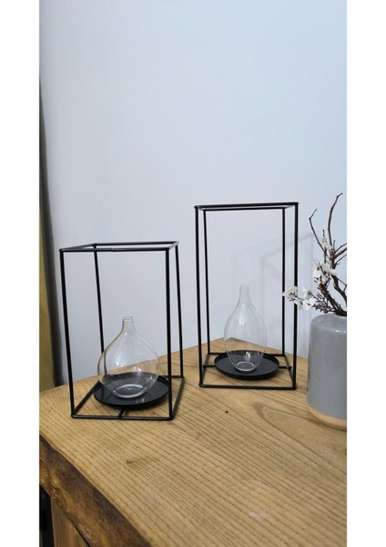 Luxury Siyah Masaüstü Dekoratif 2'li Set Ferforje Kafes Fener Mumluk ( 26 ve 21 cm ) 1 Adet