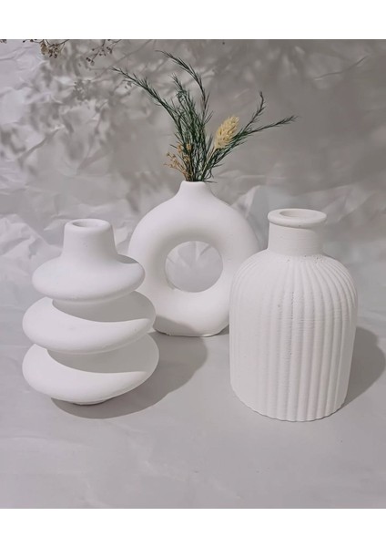 Idl-Mini Bohem Vazo Set-3'lü Set - Beyaz Beton-Iskandinav Tarz Vazo - Biblo