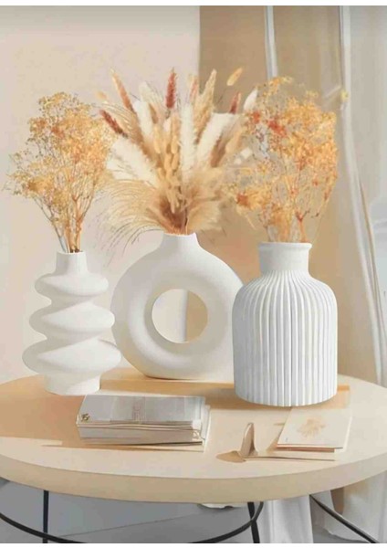Idl-Mini Bohem Vazo Set-3'lü Set - Beyaz Beton-Iskandinav Tarz Vazo - Biblo