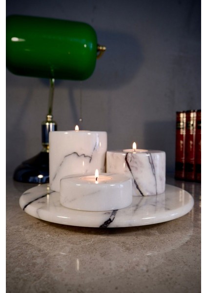 Luxury Gümüş Renk Ayak Sunum Servisi ve Leylak Mermer 3'lü Set Mumluk Takım 1 Adet