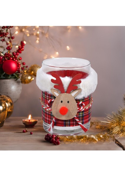 Luxury Hediyelik Geyik Temalı Cam Mumluk Kırmızı Ekose Kumaş Detaylı 9X13CM 1 Adet
