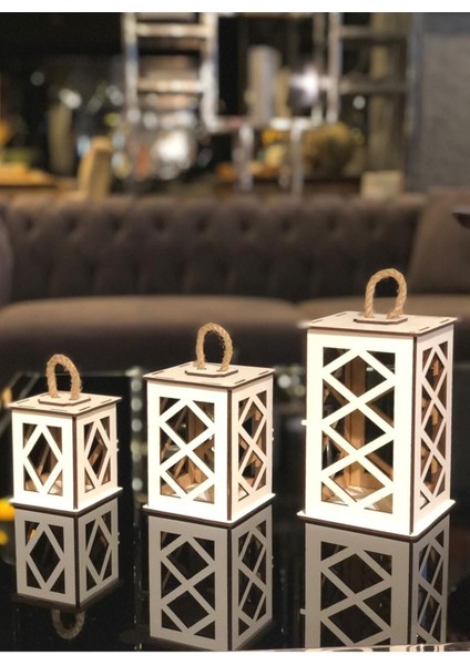 Luxury Dekoratif 3'lü Mini Beyaz Ahşap Fener Seti Mumluk Hediyelik Eşya Kafes Mumluk 1 Adet