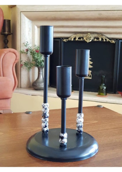 Luxury Üçlü Metal Mumluk Siyah Megalit 1 Adet