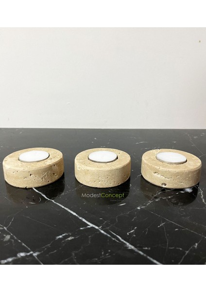 Luxury Doğal Traverten Mumluk, Mermer Mumluk, Mermer Tealight Mumluk 3 Adet, Yuvarlak Mermer Mumluk 1 Adet