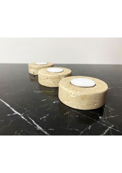 Luxury Doğal Traverten Mumluk, Mermer Mumluk, Mermer Tealight Mumluk 3 Adet, Yuvarlak Mermer Mumluk 1 Adet
