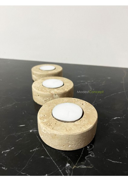 Luxury Doğal Traverten Mumluk, Mermer Mumluk, Mermer Tealight Mumluk 3 Adet, Yuvarlak Mermer Mumluk 1 Adet