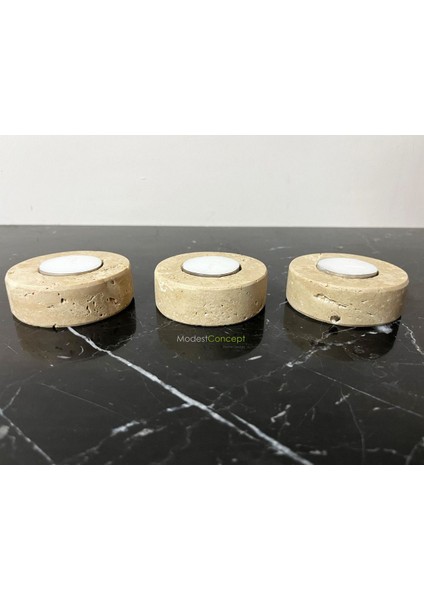 Luxury Doğal Traverten Mumluk, Mermer Mumluk, Mermer Tealight Mumluk 3 Adet, Yuvarlak Mermer Mumluk 1 Adet