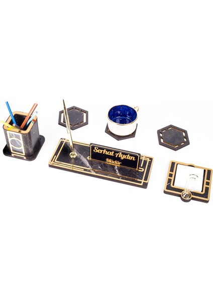Luxury Retro Gold Kalemli Ataçlı Ahşap Masa Isimliği Bardak Altlığı Kalemlik Notluk Isimlik Masa Seti 1 Adet