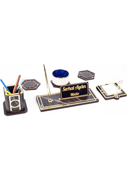 Luxury Retro Gold Kalemli Ataçlı Ahşap Masa Isimliği Bardak Altlığı Kalemlik Notluk Isimlik Masa Seti 1 Adet