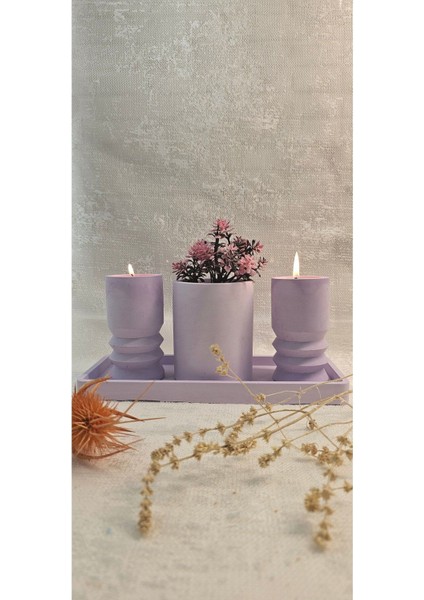Luxury Laurel-Wood Beton 4 Parça Tealight Mumluk-Vazo-Dekoratif Sunum Tabağı Seti 1 Adet