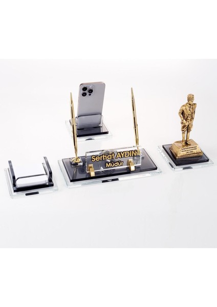 Luxury Prime Atatürk Biblolu Kristal Masaüstü Isimlik Seti Ofis Hediyesi Masa Isimliği Gold Kalemlik Takımı 1 Adet