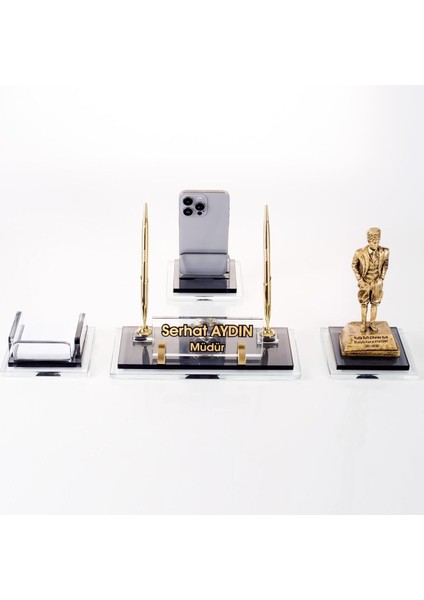 Luxury Prime Atatürk Biblolu Kristal Masaüstü Isimlik Seti Ofis Hediyesi Masa Isimliği Gold Kalemlik Takımı 1 Adet
